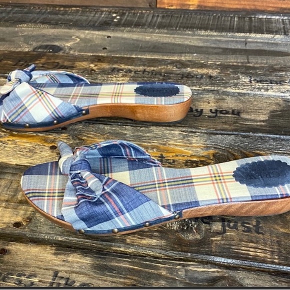 J Crew Plaid Slides with wooden sole. - Picture 2 of 5